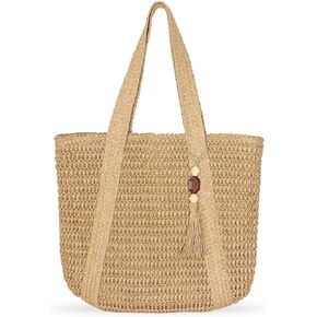 Straw Beach Bag for Women Woven Structured Tote Bag Summer Shoulder Handbags