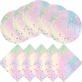 Iridescent Diamond Birthday Party Supplies, 20 Plates and 20 Napkins, Rainbow Glitter Pink Silver Diamond Theme Birthday Party Decorations for Kid Girls Women Glitter Diamond Party Supplies