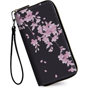 Women's Wallets,Credit Card Holder Money Leather Long Wallet with Wristlet,Large Capacity with Zip-Around Phone Purse for Women Ladies Girls,Cherry Blossoms