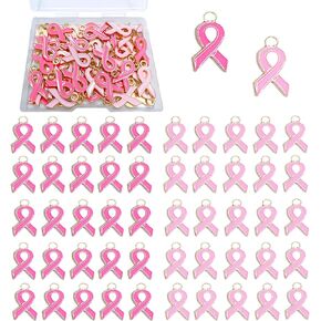 50 Pieces Breast Cancer Charms for Jewelry Making Awareness Ribbon Pendant Charms Hope Ribbon Charm Beads Alloy Enamel Pink Ribbon Charms Bulk with Box, 2 Colors