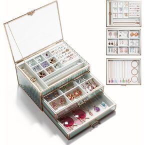 Jewelry Box -3-Tier Large Glass Jewelry Organizer with Velvet Lining and Copper Handles - Ideal for Rings, Earrings, Necklaces, Bracelets, and Watches.