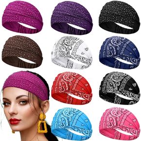 WILLBOND 10 Pieces Women Yoga Headbands Paisley Headbands Wide Bandana Headband Stretchy Headwrap with Rhinestone for Workout Running Cycling Climbing