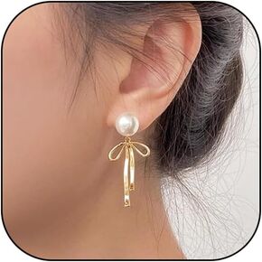 أقراط اللؤلؤ القوس للنساء، 14K الذهب Bowknot تتدلى قطرة خمر تويست آخر مسمار الفتيات في سن المراهقة مجوهرات هدية