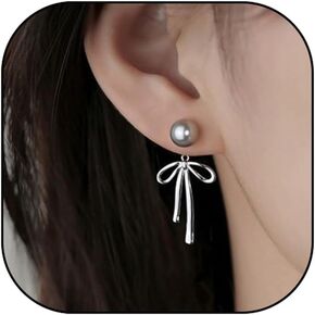 Bow Pearl Earrings for Women, 14K Gold Bowknot Dangle Drop Vintage Twist Post Stud Teen Girls Gift Jewelry