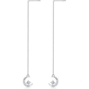 Pull Through Earrings 925 Sterling Silver Moon And Star Threader Earrings For Women, Natural Diamond Moon Star Dangling Earrings Long Chain Crescent Jewelry For Women Girls