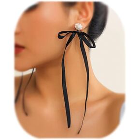 Long Tassel Pearl Crystal Bow-knot Earrings Bridal Wedding Silk Band Drop Dangle Earrings Dainty Bow Anniversary Party Ear Accessories for Women and Girls