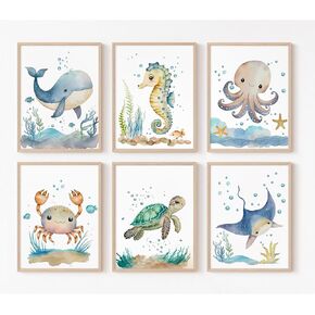 Joocrise Nursery Sea Animal Wall Decor Set of 6 Ocean Watercolor Canvas Wall Art Baby Boys Room Wall Art Ocean Sea Animal Pictures Kids Girl Art Prints Nursery Artwork for Bedroom 8x10 Inch Framed