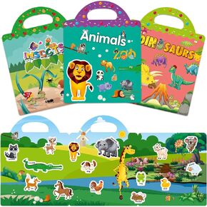 Reusable Sticker Books for Toddlers 2-4, 3 Sets Kids Activity Sticker Books, Travel Books for Girls and Boys Age 1-3 2-4 Years (Animals, Dinosaurs and Insects Theme)