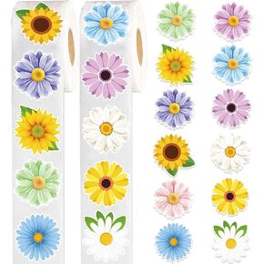 1200 PCS Flower Sticker Roll Spring Daisy Sunflower Sticker Decals Colorful Watercolor Flower Label Stickers for Scrapbooks Water Bottle Cards Envelopes and Spring Party Supply Decoration, 2 Rolls