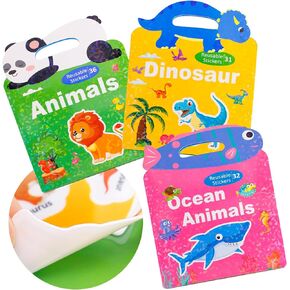 Reusable 3D Puffy Sticker Books for Toddlers - 3 Sets Waterproof Static Jelly Travel Stickers Toys Ages 3+, Animals Dinosaur Ocean Animals Activity Busy Books for Kids Gifts