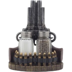 Classic Country Western Six-shooter Pistols with Bullets Salt and Pepper Shaker Set on Decorative Display Stand Figurine in Wild West Kitchen Decor Table Centerpieces As Rustic Gifts for Cowboys
