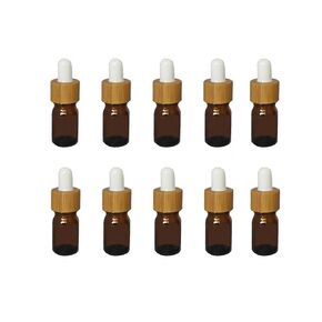 Mini Amber Glass Bamboo White Rubber Head Bottle with Glass Eye Dropper for Essential Oil Pack of 10 (5ml)