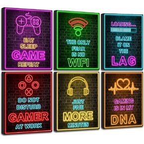 Framed Gamer Room decor, Printed Neon Canvas Video Game Decor, Gaming Wall Art for Boys Bedroom Gamer Game Room Boys Room (Set of 6, 8 * 10 inch, Framed)
