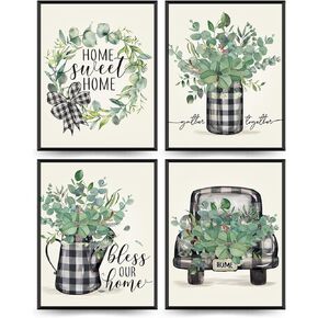 PLKMN Sweet Home Farmhouse Spring Wall Art Prints، شاحنة قطن الأوكالبتوس يبارك منزلنا، هدايا للمنزل المزرعة غرفة المعيشة ديكور غرفة النوم 10 × 8 بوصة مجموعة من 4 غير مؤطرة