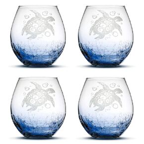 Integrity Bottles Tribal Sea Turtle Design, (Set of 4) Stemless Wine Glass, Handmade, Handblown, Hand Etched Gifts, Sand Carved, 18oz (Crackle Blue)