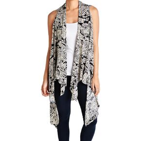 Women's Open Asymmetrical Hem Vest Cardigan (One Size, Black - Grey : Paisley)