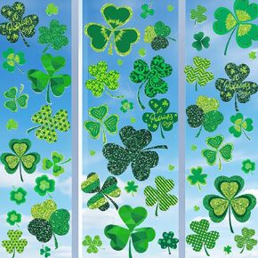 8 Sheets Large St. Patrick’s Day Window Clings Decorations, Reusable Shamrock Window Stickers Decal, Lucky Clover Spring Home School Classroom Ornaments Party Favors for Kids