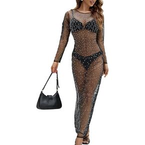 Bsubseach Women Long Bathing Suit Cover Up See Through Mesh Rhinestone Coverup Dress Side Split Beach Cover Ups