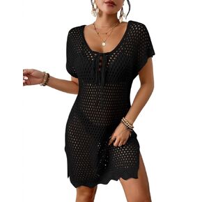 Bsubseach Women Short Sleeve Crochet Cover Up Hollow Out Swim Coverups Beach Mini Dress