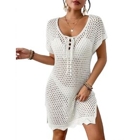 Bsubseach Women Short Sleeve Crochet Cover Up Hollow Out Swim Coverups Beach Mini Dress