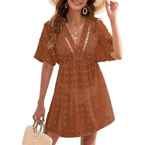 Pink Queen Women's Beach Cover Up Dress Short Sleeve Swiss Polka Dot Sheer Swimsuit Coverup Dresses