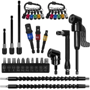 33Pcs Flexible Drill Bit Extension Set-2 Pcs 105°Right Angle Drill Bit Extension, 1/4 3/8 1/2" Universal Socket Adapter Set, Bendable Drill Bit Extension, screw bit holder and Screwdriver Bit Kit