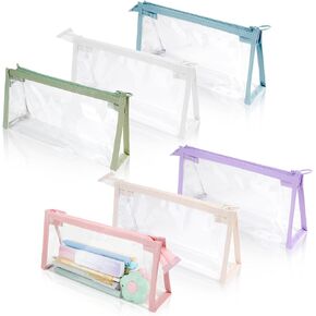 6 Pcs Clear Pencil Pounch Pen Case, Plastic Marker Pouches with Zipper, Waterproof Travel Toiletry Cosmetic Makeup Bag, Multifonction Stationery Organizer for Students Adults Teen