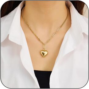 LIU JUN Chunky Heart Necklace For Women, 14k Gold Big Puffy Love Pendant Paperclip Cuban Splicing Chain Stainless Steel Choker Teen Girls Statement Gift Jewelry