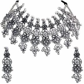 Indian Antique Afghani Silver Oxidized Polish Ghungroo Bells Boho Gypsy Tribal Statement Choker Thread Necklace Dangle Earrings Jewelry for Women Girls