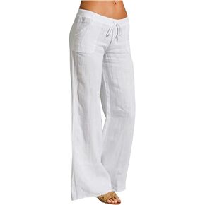 Womens Casual Pants Wide Legs Cotton Linen, Soft Comfy Long Lounge Pants for Summer, Elastic Waist Trousers w Pockets