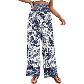 Floerns Women's Floral Print Elastic Waist Wide Leg Shirred Boho Pants