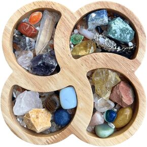 Wooden Flower Crystal Tray for Stones - Display Your Crystals & Healing Stones - Crystal Holder for Stones Display - Crystal Organizer Bowl for Jewelry, Stones (6.3" x 6.3" x 1.18") (Rubber Wood)