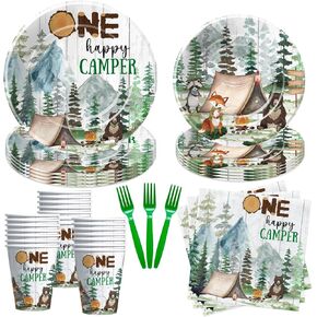 One Happy Camper Birthday Decorations Tableware, Camping First Birthday Party Supplies, Plate, Cup, Napkin, Fork, Adventure Theme Camping First Birthday Party Decorations Dinnerware | Serve 24