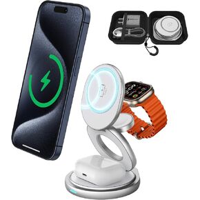 3 in 1 Wireless Charging Station for Apple Travel Charger for Multiple Devices Aluminum Alloy Foldable Magnetic Magsafe Charger with 360 Rotating for iPhone 15/14/13/12 Series,for iWatch,for Airpods