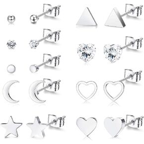 Magitaco 9 أزواج من الأقراط الجراحية الفولاذية اللذيذة على شكل قلب صغير على شكل قمر ونجمة أقراط هندسية بسيطة تشيكوسلوفاكيا كرة فضية ومثلث مجموعات للنساء والرجال in Kuwait