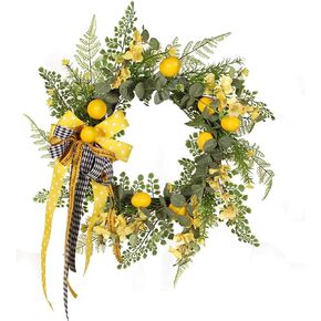 19.7in Yellow Lemon Wreath for Front Door, Spring Fruit Wreath with Artificial Lemons Green Leaves and Bow, Farmhouse Decorative Greenery Wreath for Home Indoor Outdoor Window Wall Decor