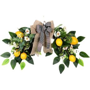 MANMAOHE Flower Swag Artificial Lemon Swag 22In Spring/Summer Wreath Fruit Wreath Garland with Ribbon Daisy and Eucalyptus Leaves for Wedding Home Party Wall Decor