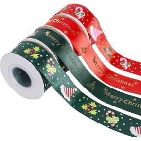 ATRBB 4 Rolls Christmas Ribbons, Red and Green Satin Ribbons with Gold Christmas Tree and Snowflake Pattern, Holidays Ribbon Set for Craft/Gift Wrapping/Party Decor, 1 Inch Wide, 10 Yards/Roll