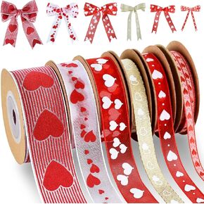 6 Rolls Red Pink Love Heart Printed Ribbon for Mother's Day Ribbons Valentine's Day Wedding Gift Wrapping DIY Crafts, 33 Yards