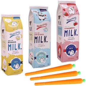 Kawaii Set of 3 Milk Carton Pencil Cases Cosmetic Bag + 3 Carrot Gel Ink Pens