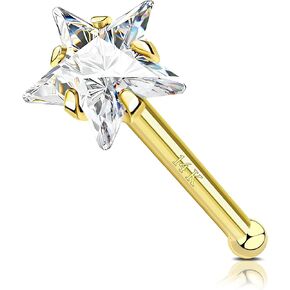 LOYALLOOK 20G 14K Real Gold Nose Rings Studs Star Simulated Diamond CZ Corkscrew Nose Rings Nose Studs Solid Gold Star Nose Studs Rings Hypoallergenic Threadless Nose Piercings for Women Men