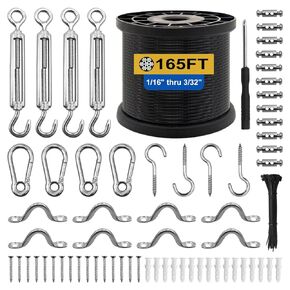 1/16 Wire Rope Kit, Stainless Steel Wire Cable, 165FT Vinyl Coated Wire Rope Aircraft Cable, Outdoor String Light Hanging Kit for Guide Wire,Tension Wire,Garden Wire(50m)