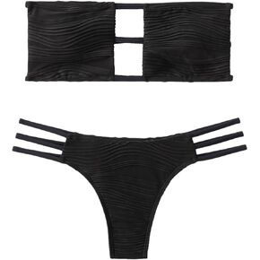 GORGLITTER Women's Cut Out Swimsuit Textured Bandeau Top High Cut Thong Bikini Set Bathing Suits