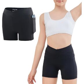 4" Girls Cross Waist Athletic Shorts with Pockets, Biker Volleyball Running Cheer Dance Yoga Gymnastics Shorts