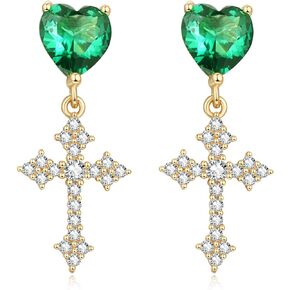 Cross Earrings for Women Girls 24k Gold Filled Sterling Silver Dangle Hypoallergenic Green Crystal Earrings Dangling Earrings Trendy