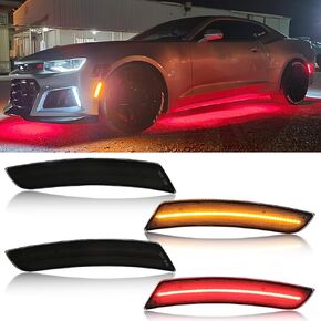 LED Side Marker Lights Kits Compatible with Camaro 2016-2023, Smoked Lens Front Amber&Rear Red Bumper Side Marker Lamp Turn Signal Light Assembly Replacement 4PCS