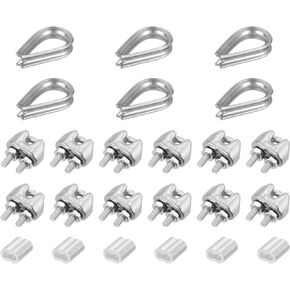 uxcell M5 Wire Rope Accessory Set for 3/16" Dia Wire Rope, 12Pcs Wire Rope Cable Clip Clamp, 6Pcs Thimble Rigging, 6Pcs Aluminum Crimping Loop Sleeve