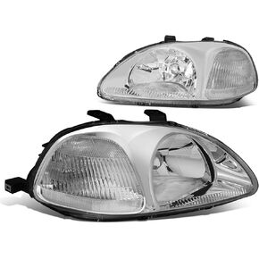 DNA MOTORING Pair Headlight Assembly Compatible With 1996-1998 Honda Civic, Chrome/Clear, HL-OH-HC96-CH-CL1