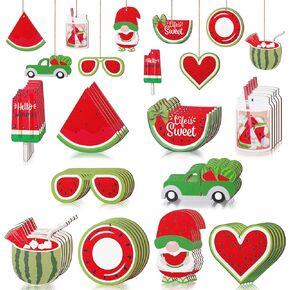 50 Pcs Watermelon Wooden Hanging Ornament Summer Wood Gift Tags Gnome Watermelon Decor Summer Tree Ornaments Luau Hanging Decorations Wooden Slices with Rope for Home Hawaiian Tropical Beach Party