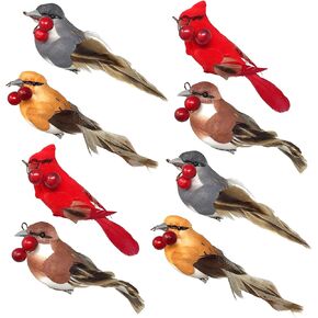 BANBERRY DESIGNS Feathered Song Bird Clip-On Ornaments - Set of 8 Assorted Styles of Birds with Metal Clips - Cardinals, Orioles, Finches and Chickadees Carrying Red Berries - Measures 4" W